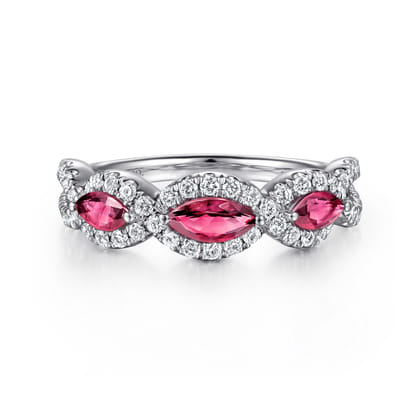 14K White Gold Twisted Diamond Rows and Ruby Marquise Stones Ring