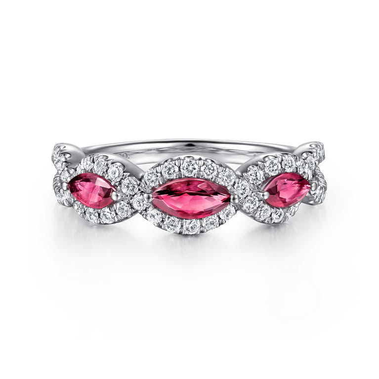 14K White Gold Twisted Diamond Rows and Ruby Marquise Stones Ring - 0.5 ct - Shot 1