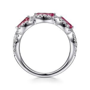 14K White Gold Twisted Diamond Rows and Ruby Marquise Stones Ring