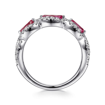 14K White Gold Twisted Diamond Rows and Ruby Marquise Stones Ring