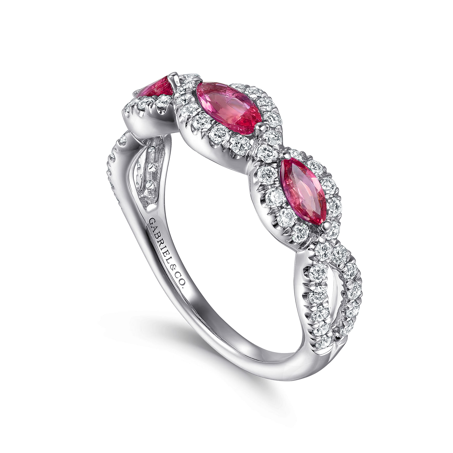 14K White Gold Twisted Diamond Rows and Ruby Marquise Stones Ring