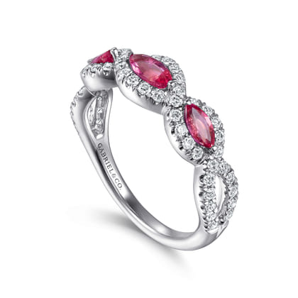 14K White Gold Twisted Diamond Rows and Ruby Marquise Stones Ring