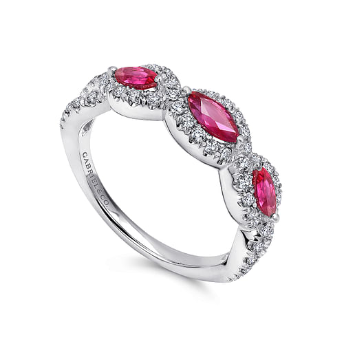 14K White Gold Twisted Diamond Rows and Ruby Marquise Stones Ring - 0.5 ct - Shot 3