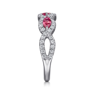 14K White Gold Twisted Diamond Rows and Ruby Marquise Stones Ring