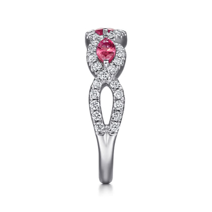 14K White Gold Twisted Diamond Rows and Ruby Marquise Stones Ring