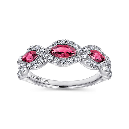 14K White Gold Twisted Diamond Rows and Ruby Marquise Stones Ring - 0.5 ct - Shot 4
