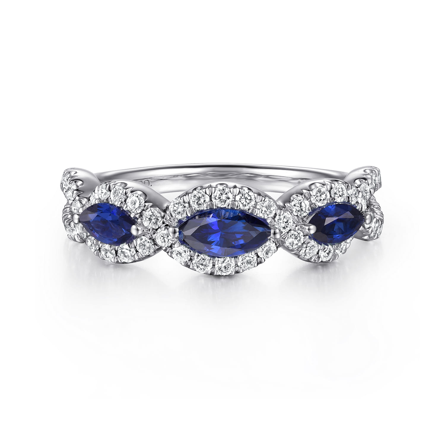 14K White Gold Twisted Diamond Rows and Sapphire Marquise Stones Ring - 0.5 ct - Shot 1