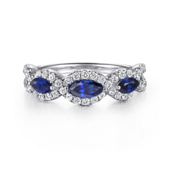 14K White Gold Twisted Diamond Rows and Sapphire Marquise Stones Ring