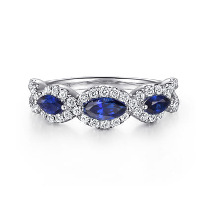 14K White Gold Twisted Diamond Rows and Sapphire Marquise Stones Ring