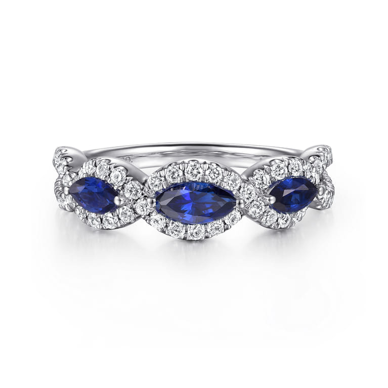 14K White Gold Twisted Diamond Rows and Sapphire Marquise Stones Ring - 0.5 ct - Shot 1
