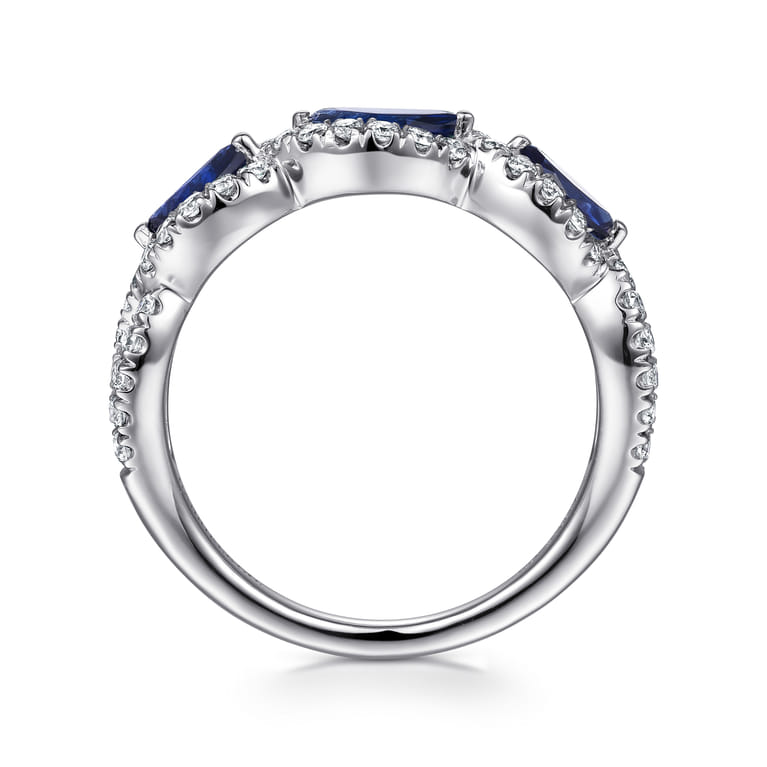 14K White Gold Twisted Diamond Rows and Sapphire Marquise Stones Ring - 0.5 ct - Shot 2