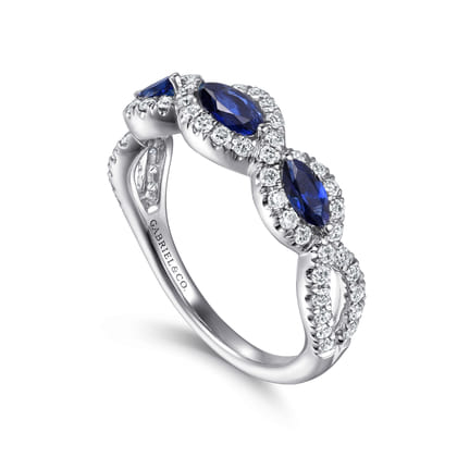 14K White Gold Twisted Diamond Rows and Sapphire Marquise Stones Ring