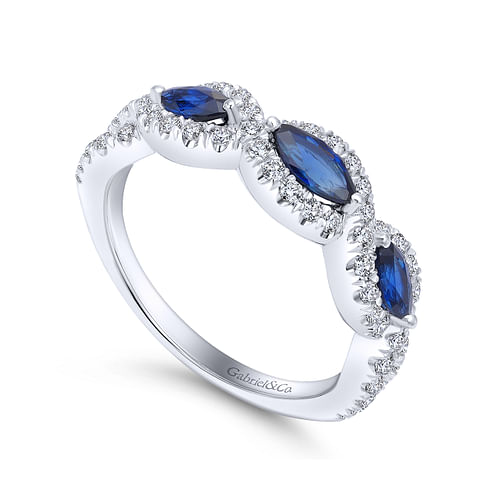 14K White Gold Twisted Diamond Rows and Sapphire Marquise Stones Ring - 0.5 ct - Shot 3