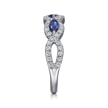 14K White Gold Twisted Diamond Rows and Sapphire Marquise Stones Ring