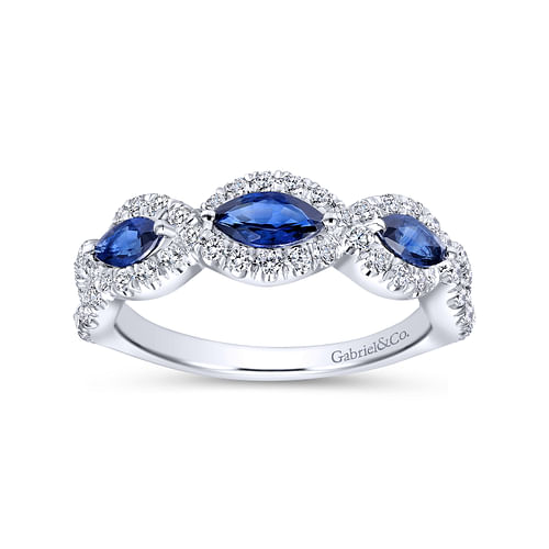 14K White Gold Twisted Diamond Rows and Sapphire Marquise Stones Ring - 0.5 ct - Shot 4