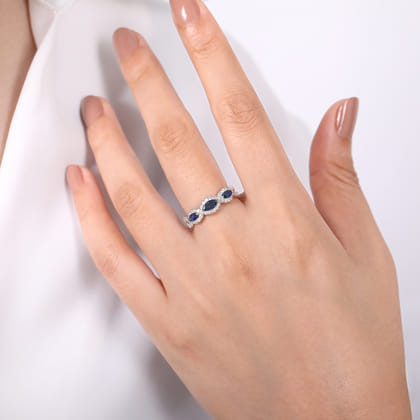 14K White Gold Twisted Diamond Rows and Sapphire Marquise Stones Ring