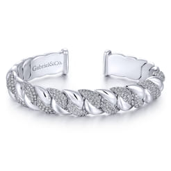 14K White Gold Twisted Link Diamond Pave Cuff Bracelet