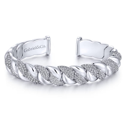 14K White Gold Twisted Link Diamond Pave Cuff Bracelet