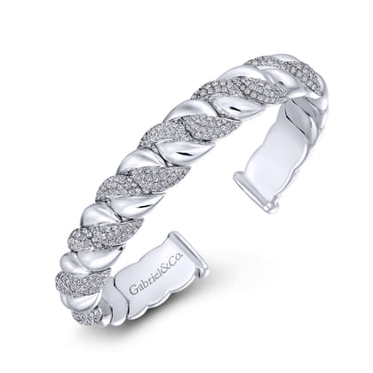 14K White Gold Twisted Link Diamond Pave Cuff Bracelet