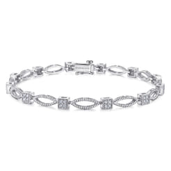 14K White Gold Twisted Rope Link Tennis Bracelet with Pave Diamond Cube Spacers