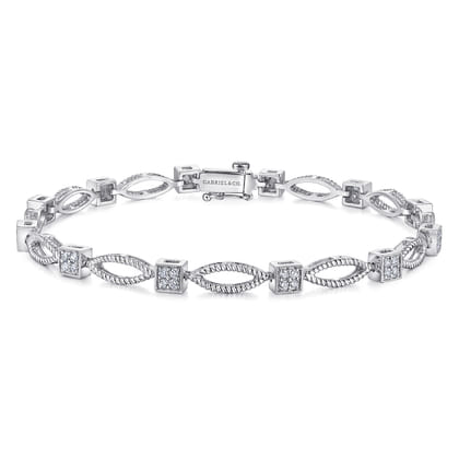 14K White Gold Twisted Rope Link Tennis Bracelet with Pave Diamond Cube Spacers