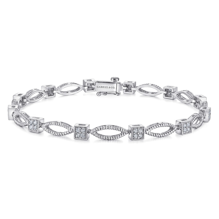 14K White Gold Twisted Rope Link Tennis Bracelet with Pave Diamond Cube Spacers - 0.5 ct - Shot 1