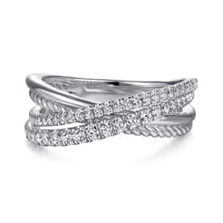 14K White Gold Twisted Rope and Diamond Criss Cross Ring
