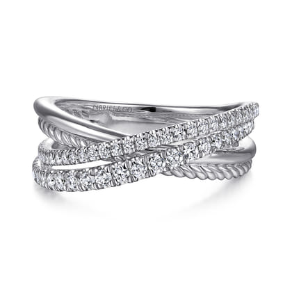 14K White Gold Twisted Rope and Diamond Criss Cross Ring