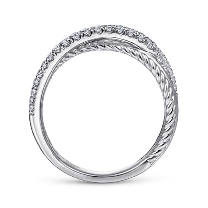 14K White Gold Twisted Rope and Diamond Criss Cross Ring