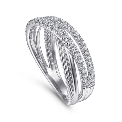 14K White Gold Twisted Rope and Diamond Criss Cross Ring