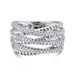 14K White Gold Twisted Rope and Diamond Criss Cross Ring