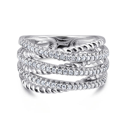 14K White Gold Twisted Rope and Diamond Criss Cross Ring