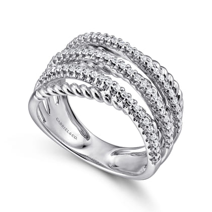 14K White Gold Twisted Rope and Diamond Criss Cross Ring