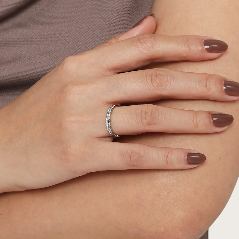 14K White Gold Two Row Beaded Diamond Stackable Ring - 0.07 ct - Shot 5