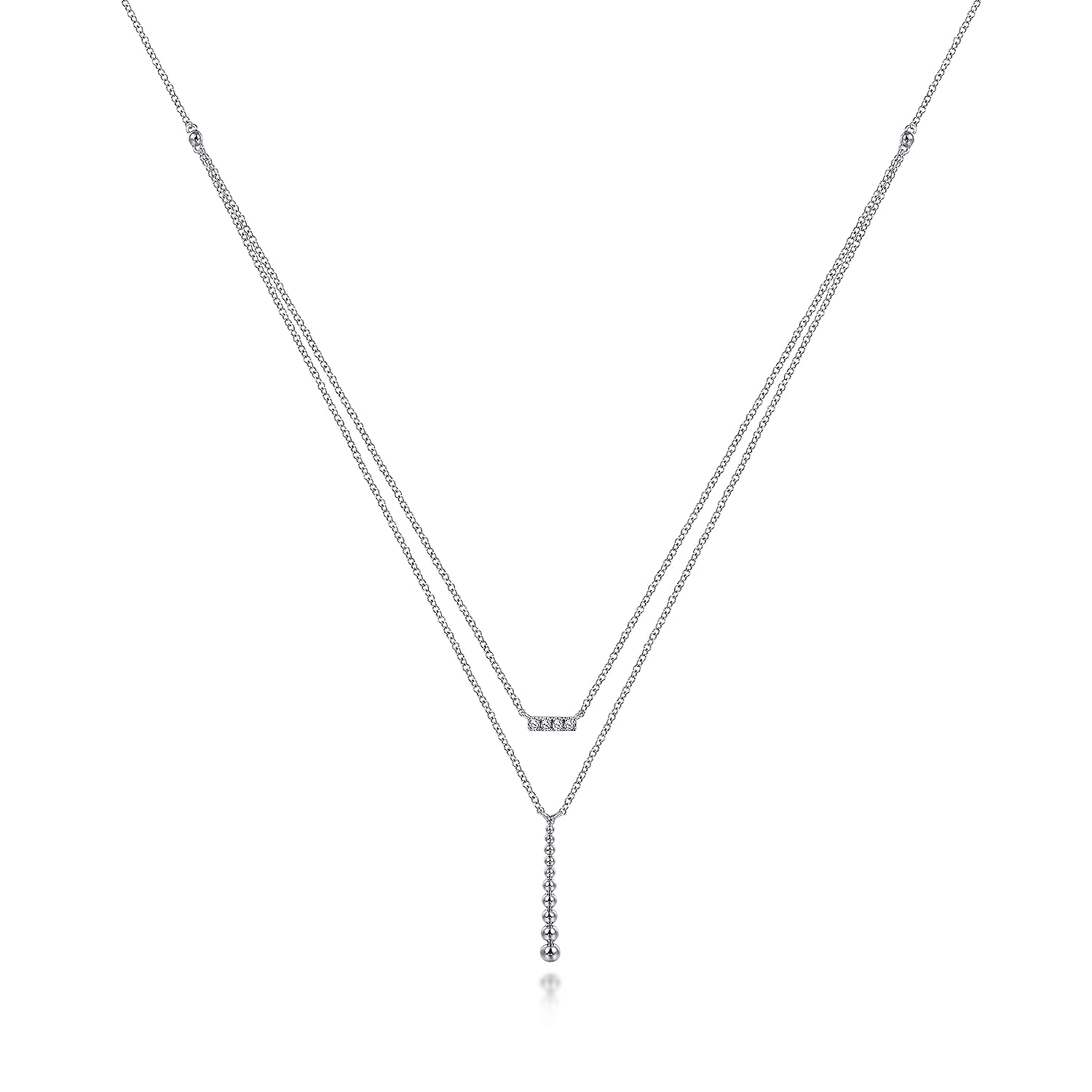 14K White Gold Two Strand Diamond Bar and Bujukan Beaded Pendant Necklace
