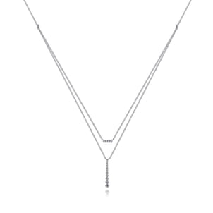 14K White Gold Two Strand Diamond Bar and Bujukan Beaded Pendant Necklace