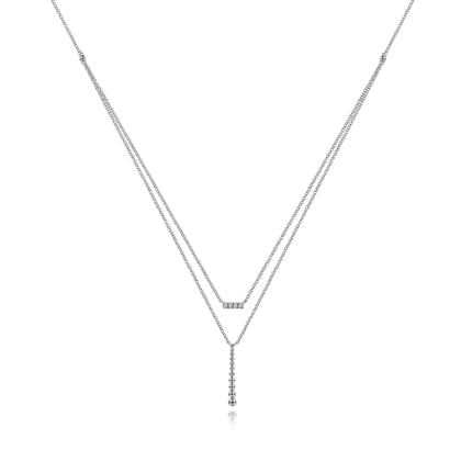 14K White Gold Two Strand Diamond Bar and Bujukan Beaded Pendant Necklace