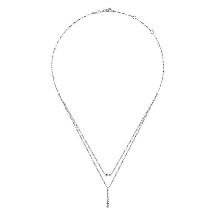 14K White Gold Two Strand Diamond Bar and Bujukan Beaded Pendant Necklace