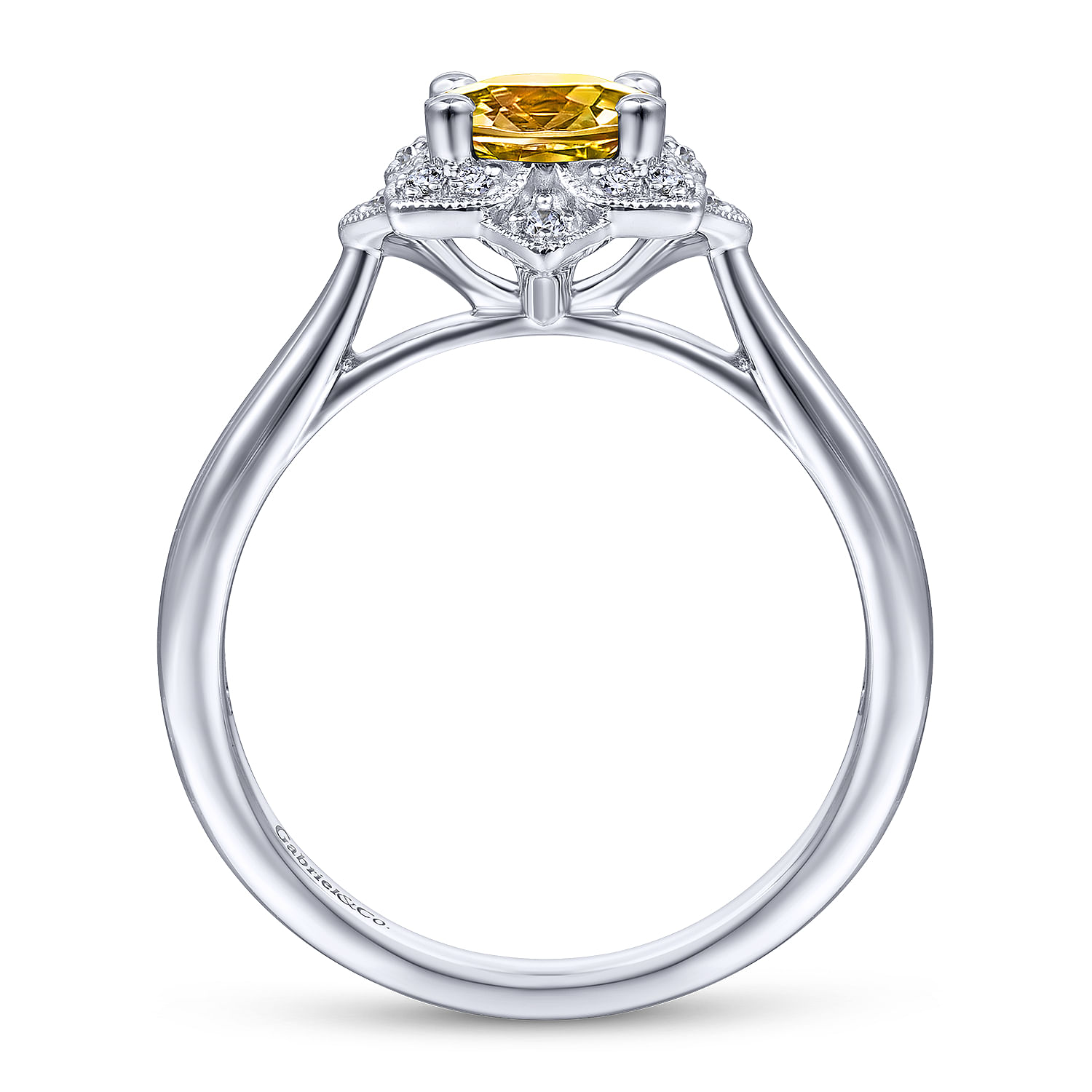 14K White Gold Vintage Halo Citrine and Diamond Ring - 0.09 ct - Shot 2