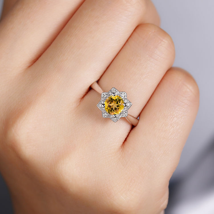 14K White Gold Vintage Halo Citrine and Diamond Ring