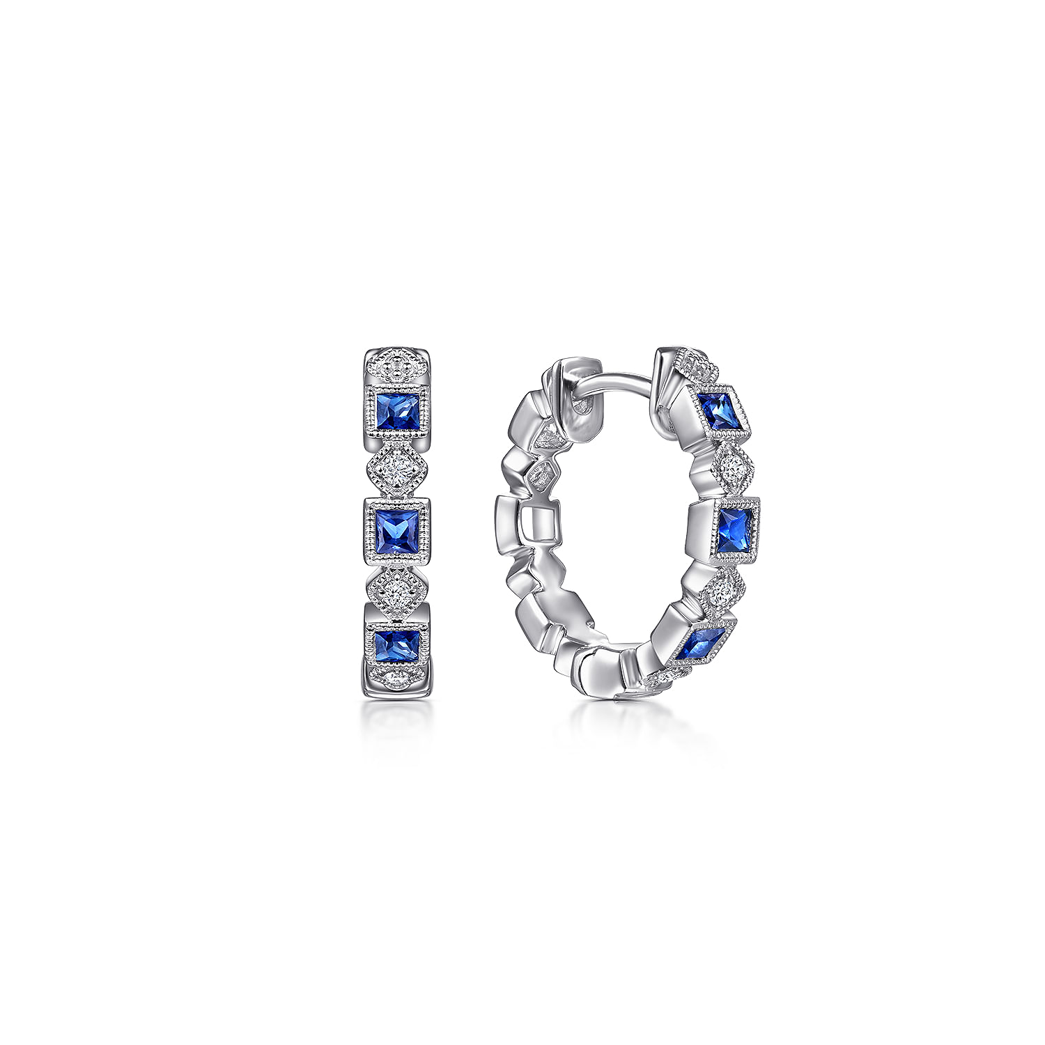 14K White Gold Vintage Inspired 15mm Sapphire and Diamond Huggies