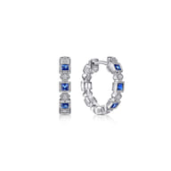 14K White Gold Vintage Inspired 15mm Sapphire and Diamond Huggies
