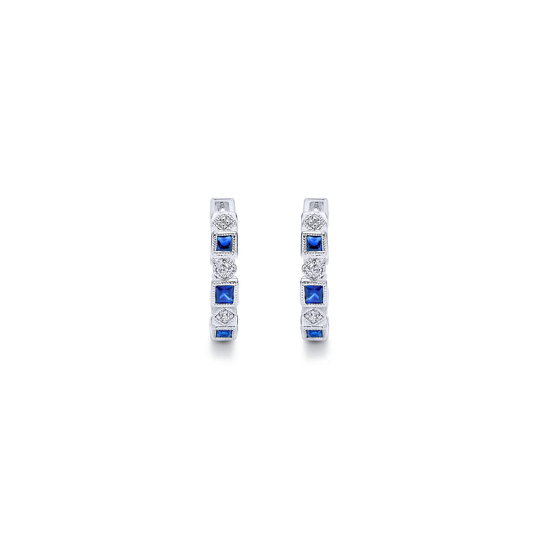 14K White Gold Vintage Inspired 15mm Sapphire and Diamond Huggies - 0.05 ct - Shot 3
