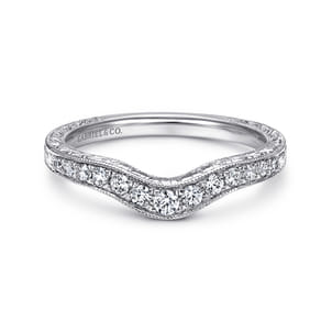 14K White Gold Vintage Inspired Curved Diamond Anniversary Band with Engraving