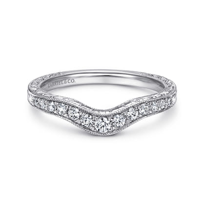 14K White Gold Vintage Inspired Curved Diamond Anniversary Band with Engraving