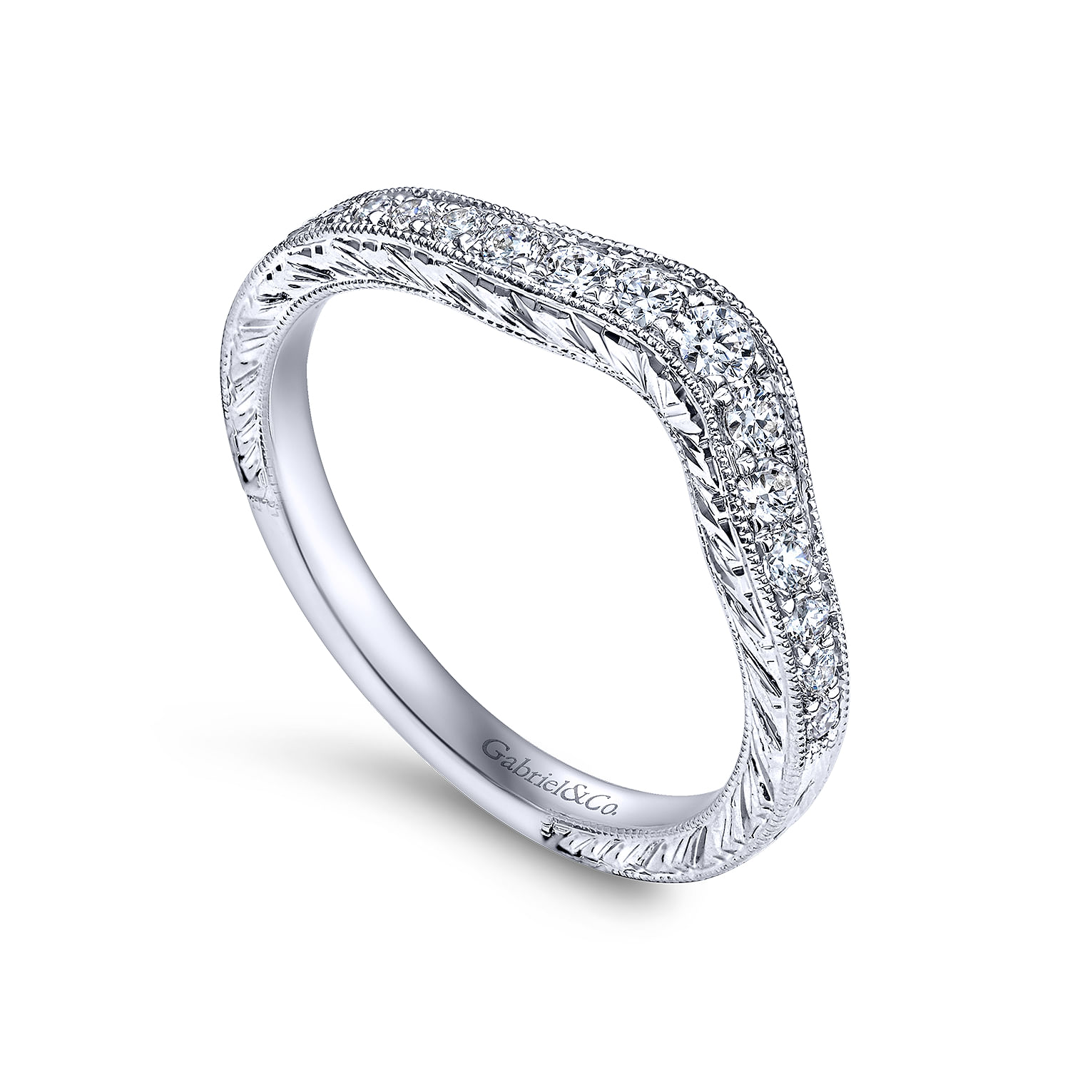 14K White Gold Vintage Inspired Curved Diamond Anniversary Band with Engraving