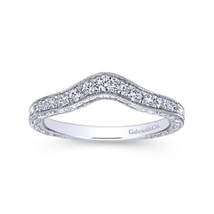 14K White Gold Vintage Inspired Curved Diamond Anniversary Band with Engraving