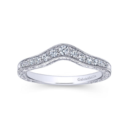 14K White Gold Vintage Inspired Curved Diamond Anniversary Band with Engraving