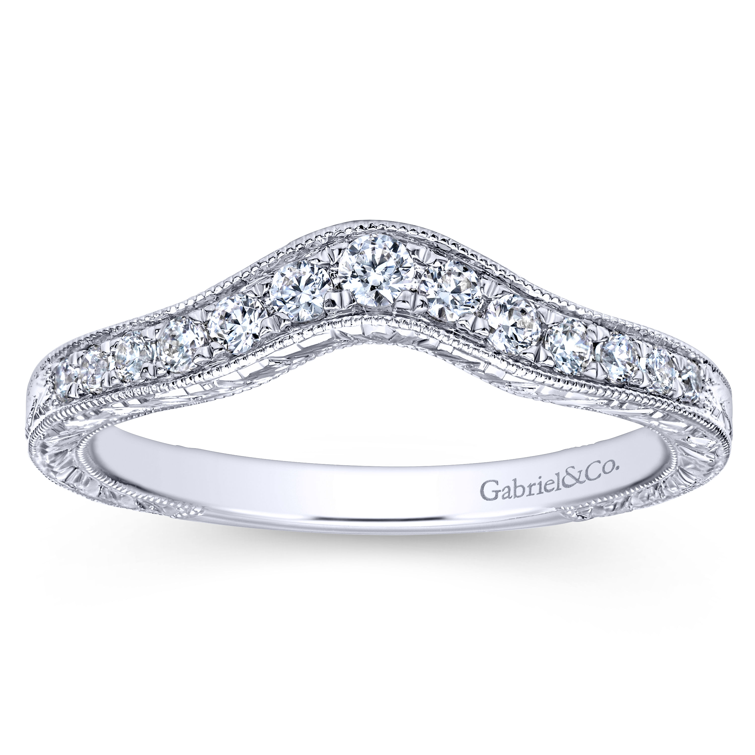 14K White Gold Vintage Inspired Curved Diamond Anniversary Band with Engraving