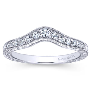 14K White Gold Vintage Inspired Curved Diamond Anniversary Band with Engraving